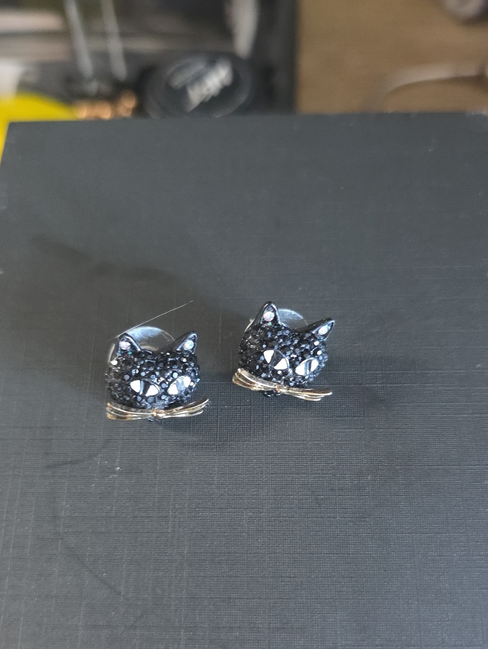 Black Crystal Cat Face Stud Earrings